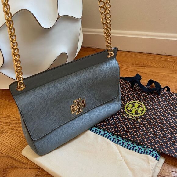 NWT . Tory Burch Britten Flap Shoulder Bag Blue Cloud - Picture 2 of 13